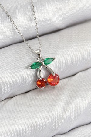 Pirinç Zirkon Taşlı Kiraz Model Gümüş Renk Kadın Kolye - TJ-BKO10421