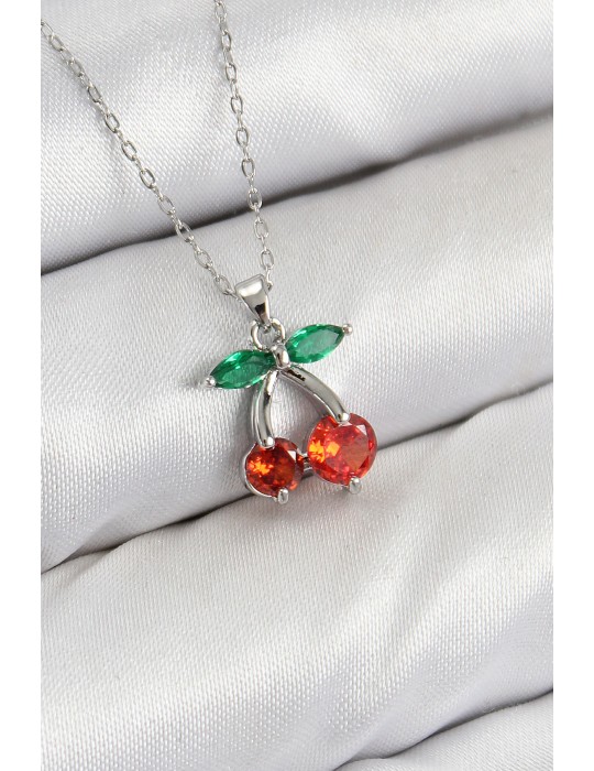 Pirinç Zirkon Taşlı Kiraz Model Gümüş Renk Kadın Kolye - TJ-BKO10421