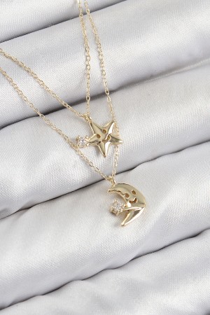 Pirinç Zirkon Taşlı Yıldız Ve Ay Model Gold Renk Kadın Kolye - TJ-BKO10422