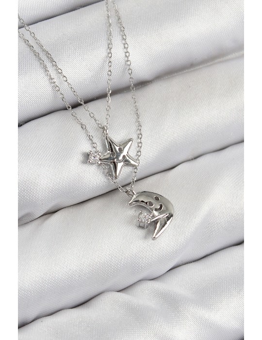 Pirinç Zirkon Taşlı Yıldız Ve Ay Model Gümüş Renk Kadın Kolye - TJ-BKO10423