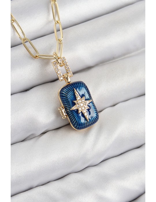 Pirinç Zirkon Taşlı Açılabilir Kutup Yıldızı Model Gold Renk Kadın Kolye - TJ-BKO10430