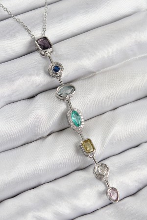 Pirinç Renkli Zirkon Taşlı Model Gümüş Renk Kadın Y Kolye - TJ-BKO10440