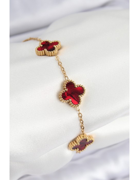 316L Çelik Sedefli Kırmızı Gold Renk Yonca Kadın Bileklik - TJ-BB7666