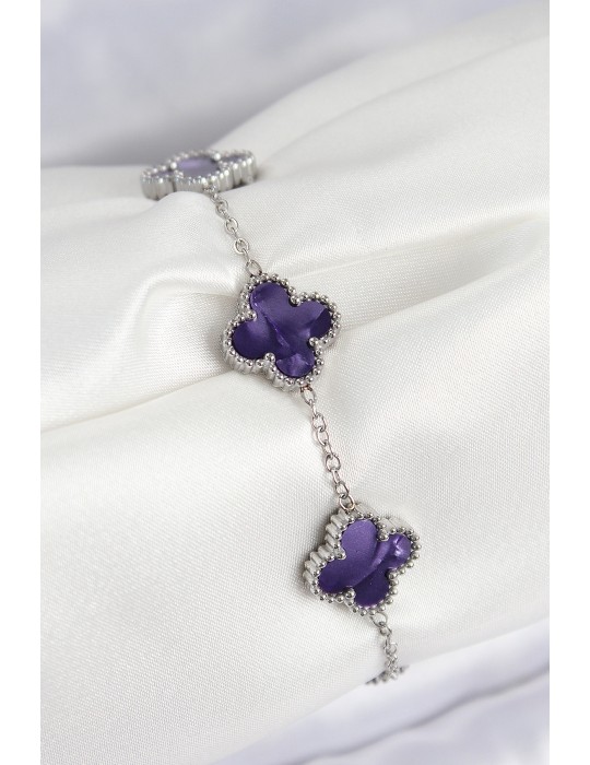 316L Çelik Sedefli Mor Gümüş Renk Yonca Kadın Bileklik - TJ-BB7674