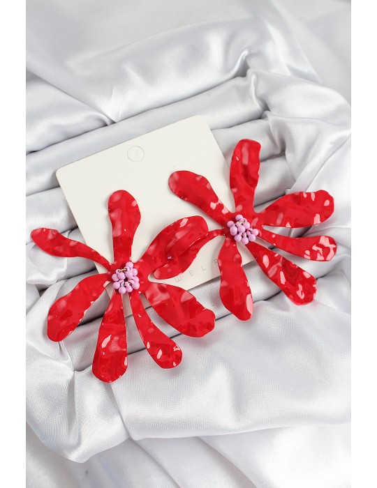 Pirinç Büyük Kırmızı Çiçek Model Kadın Küpe - TJ-BKP11058