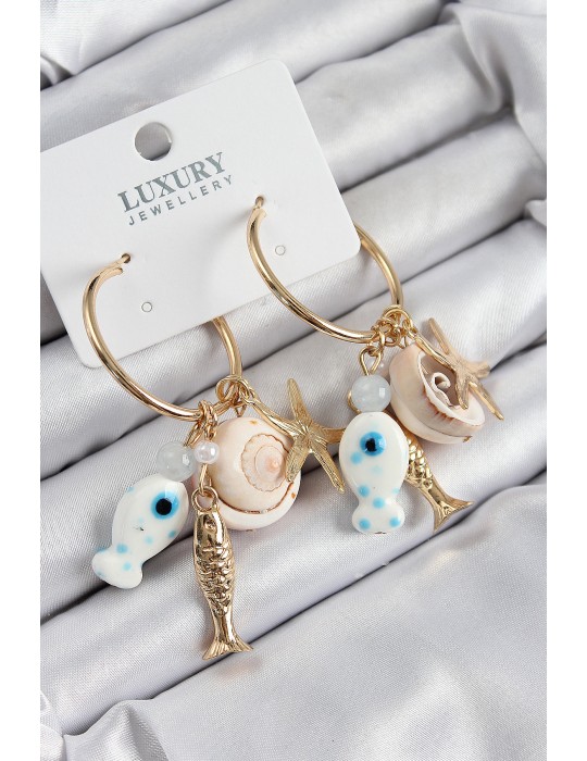 Pirinç Sallantılı Seramik Balık Ve Deniz Kabuğu Model Gold Renk Kadın Küpe - TJ-BKP11081