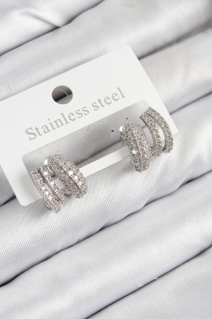 Pirinç Zirkon Taşlı Kıvrımlı Model Gümüş Renk Kadın Küpe - TJ-BKP11092