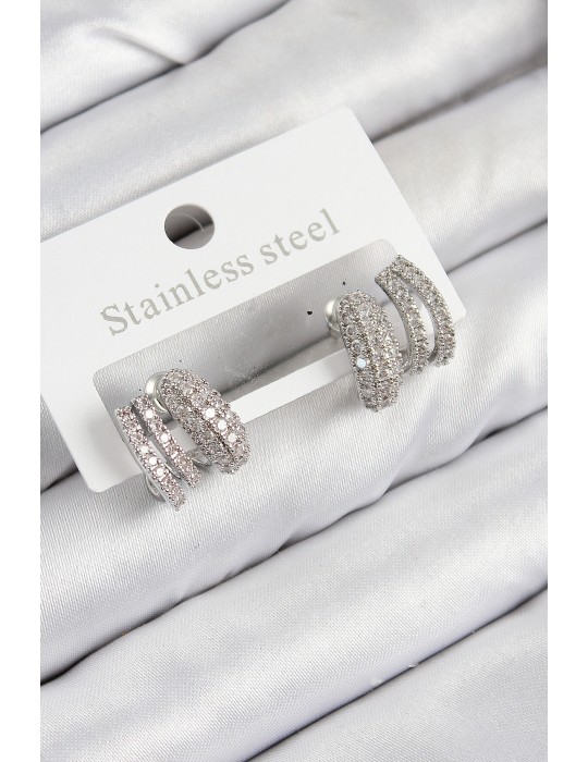 Pirinç Zirkon Taşlı Kıvrımlı Model Gümüş Renk Kadın Küpe - TJ-BKP11092