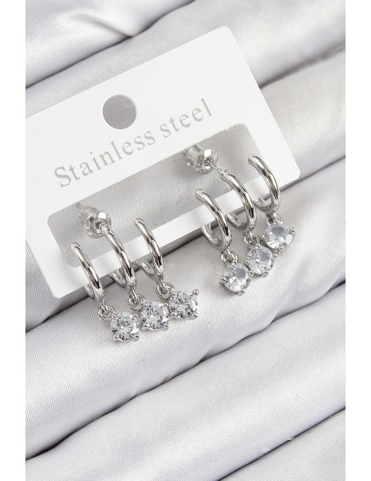 Pirinç Sallantılı Zirkon Taşlı Model Gümüş Renk Kadın Küpe - TJ-BKP11098