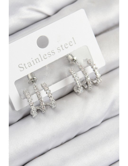 Pirinç Zirkon Taşlı Model Gümüş Renk Kadın Küpe - TJ-BKP11102