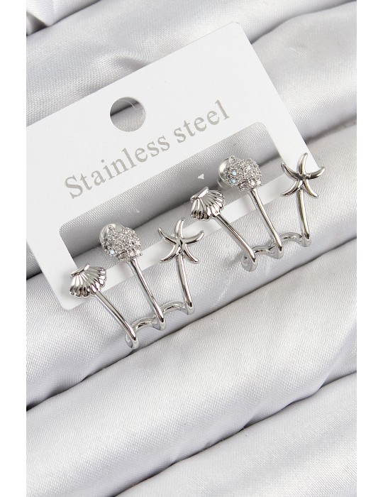 Pirinç Zirkon Taşlı Deniz Yıldızı ve İstiridye Model Gümüş Renk Kadın Küpe - TJ-BKP11104