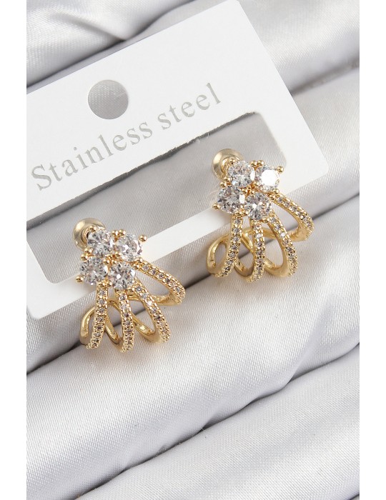 Pirinç Zirkon Taşlı Model Gold Renk Kadın Küpe - TJ-BKP11106