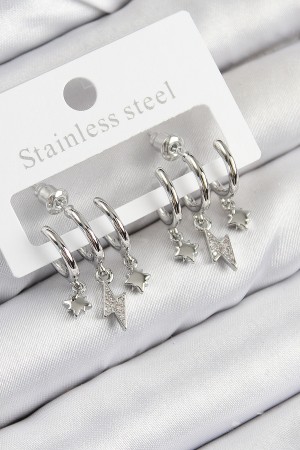 Pirinç Zirkon Taşlı Şimşek Model Gümüş Renk Kadın Küpe - TJ-BKP11109