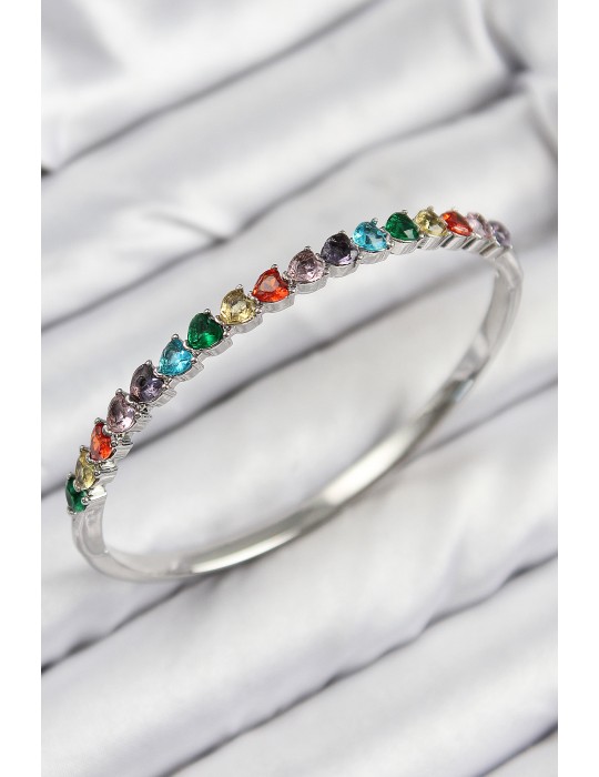 Pirinç Renkli Zirkon Taşlı Kalp Model Gümüş Renk Kadın Kelepçe - TJ-BB7679