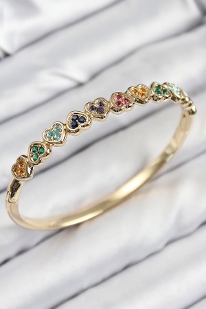 Pirinç Renkli Zirkon Taşlı Sıralı Kalp Model Gold Renk Kadın Kelepçe - TJ-BB7681 Pirinç Renkli Zirkon Taşlı Sıralı Kalp Model Gold Renk Kadın Kelepçe - TJ-BB7681