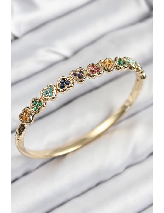 Pirinç Renkli Zirkon Taşlı Sıralı Kalp Model Gold Renk Kadın Kelepçe - TJ-BB7681