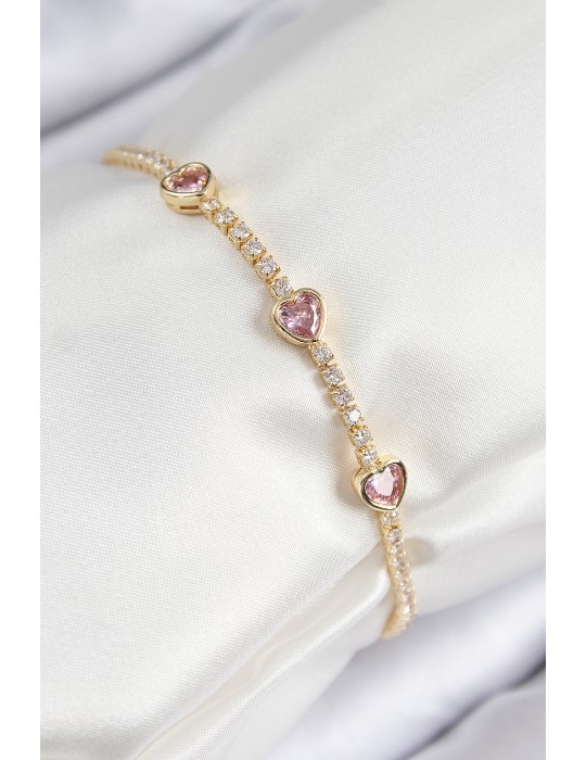 Pirinç Zirkon Taşlı Pembe Kalp Model Gold Renk Kadın Bileklik - TJ-BB7687