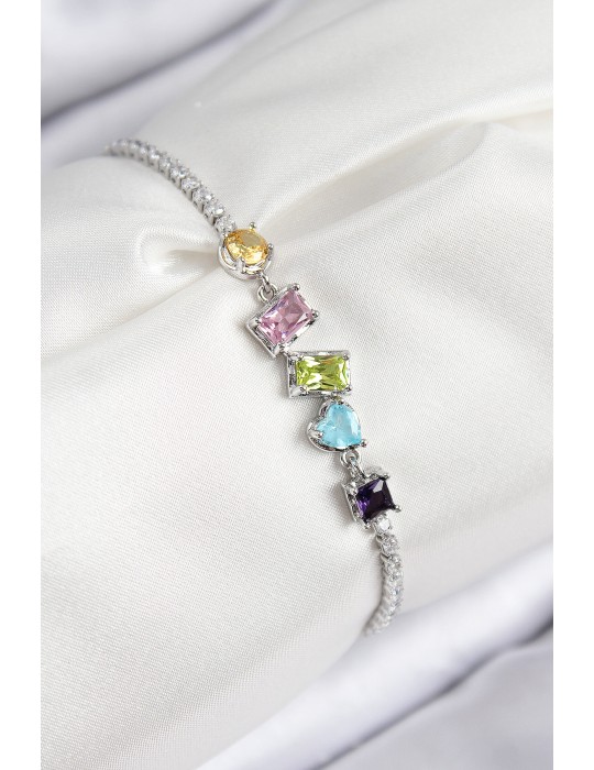 Pirinç Renkli Zirkon Taşlı Geometrik Model Gümüş Renk Kadın Bileklik - TJ-BB7688