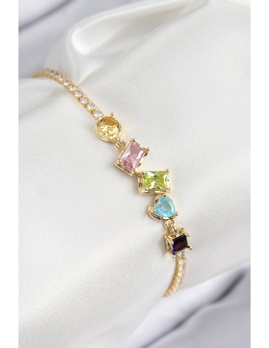 Pirinç Renkli Zirkon Taşlı Geometrik Model Gold Renk Kadın Bileklik - TJ-BB7689