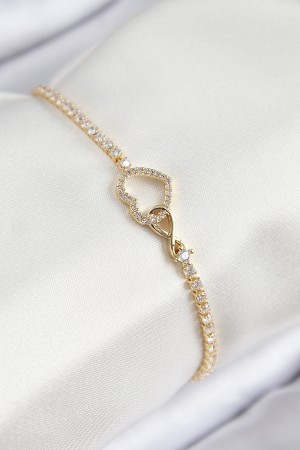 Pirinç Zirkon Taşlı Sonsuzluk Kalp Model Gold Renk Kadın Bileklik - TJ-BB7693 Pirinç Zirkon Taşlı Sonsuzluk Kalp Model Gold Renk Kadın Bileklik - TJ-BB7693