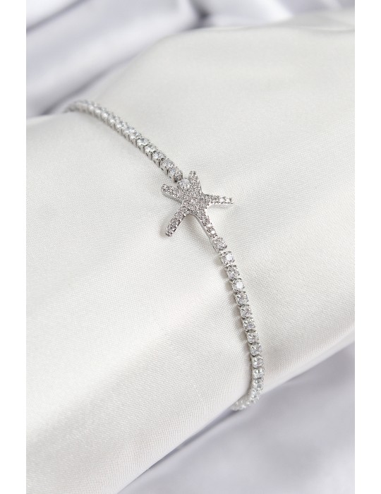 Pirinç Zirkon Taşlı Deniz Yıldızı Model Gümüş Renk Kadın Bileklik - TJ-BB7694