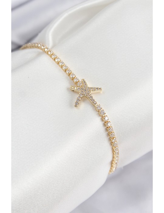 Pirinç Zirkon Taşlı Deniz Yıldızı Model Gold Renk Kadın Bileklik - TJ-BB7695