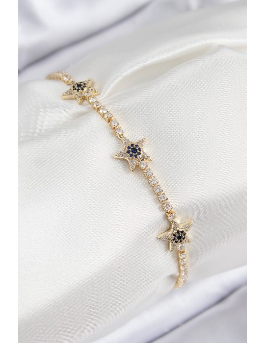 Pirinç Zirkon Taşlı Yıldız Model Gold Renk Kadın Bileklik - TJ-BB7701