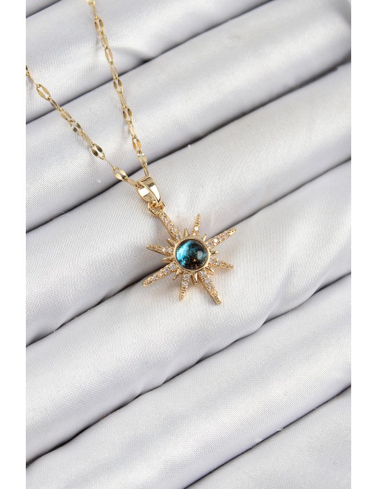 316L Çelik Zirkon Taşlı Kutup Yıldızı Model Gold Renk Kadın Kolye - TJ-BKO10444