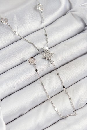 Pirinç Zirkon Taşlı Kutup Yıldızı Model Gümüş Renk Y Kolye - TJ-BKO10453