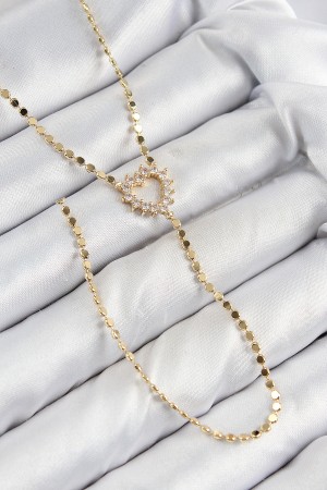 Pirinç Zirkon Taşlı Ezme Zincirli Kalp Model Gold Renk Y Kolye - TJ-BKO10461