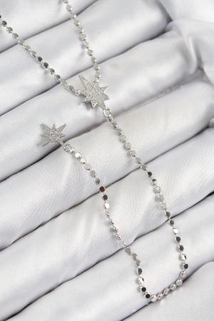 Pirinç Zirkon Taşlı Ezme Zincirli Kutup Yıldızı Model Gümüş Renk Y Kolye - TJ-BKO10462