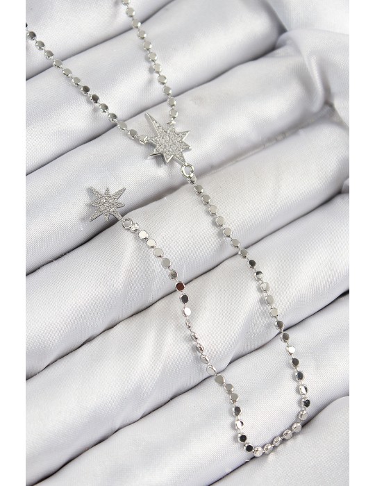 Pirinç Zirkon Taşlı Ezme Zincirli Kutup Yıldızı Model Gümüş Renk Y Kolye - TJ-BKO10462