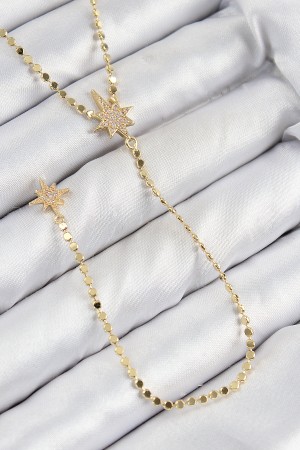 Pirinç Zirkon Taşlı Ezme Zincirli Kutup Yıldızı Model Gold Renk Y Kolye - TJ-BKO10463