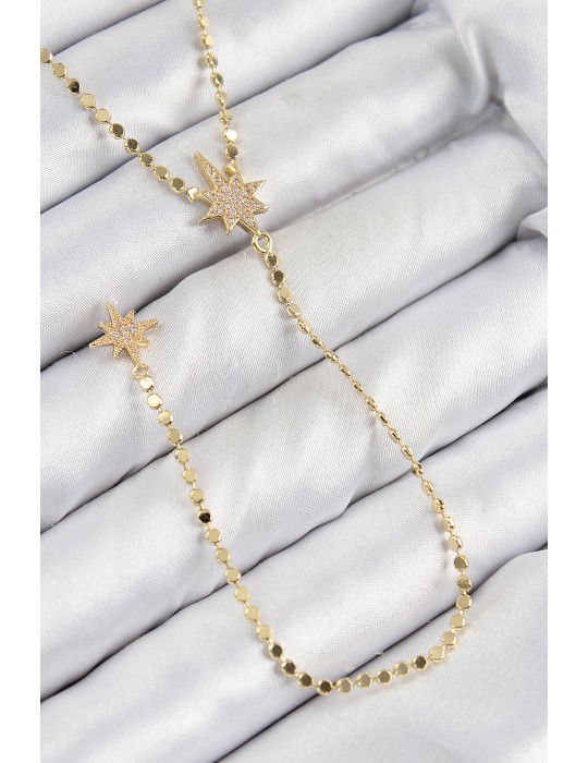 Pirinç Zirkon Taşlı Ezme Zincirli Kutup Yıldızı Model Gold Renk Y Kolye - TJ-BKO10463