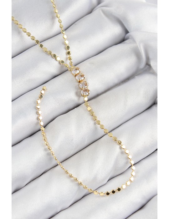 Pirinç Zirkon Taşlı Ezme Zincirli Model Gold Renk Y Kolye - TJ-BKO10465