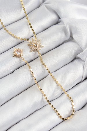 Pirinç Zirkon Taşlı Ezme Zincirli Kutup Yıldızı Model Gold Renk Y Kolye - TJ-BKO10469