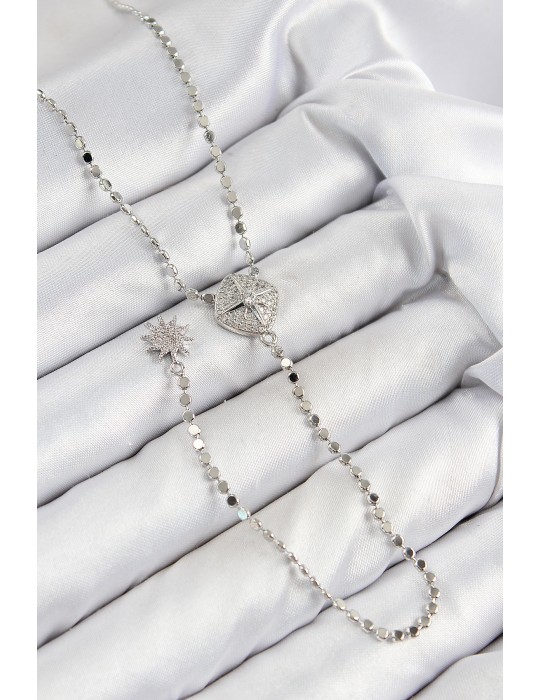 Pirinç Zirkon Taşlı Ezme Zincirli Madalyon Model Gümüş Renk Y Kolye - TJ-BKO10470