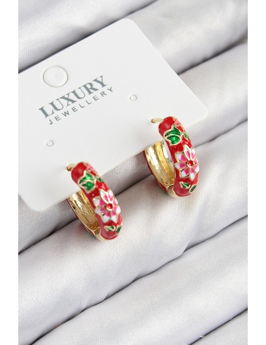 Pirinç Gold Renk Kırmızı Çiçek İşleme Mineli Kadın Küpe - TJ-BKP11118