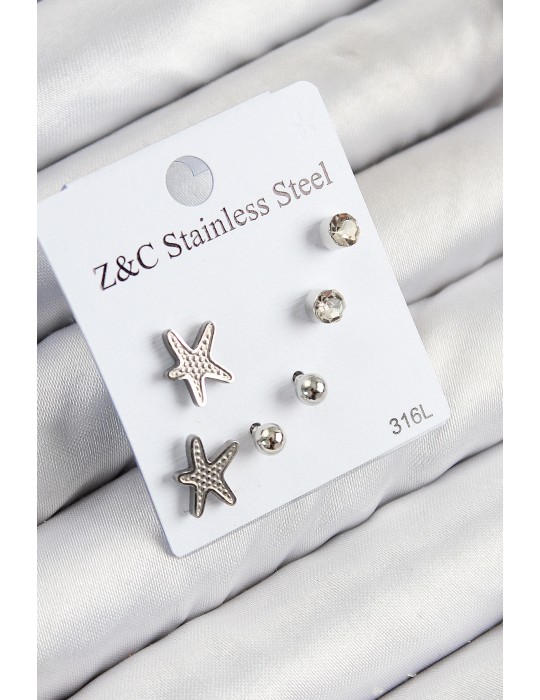 316L Çelik Zirkon Taşlı Deniz Yıldızı Model Gümüş Renk Kadın Set Küpe - TJ-BKP11119