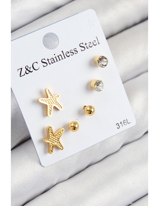 316L Çelik Zirkon Taşlı Deniz Yıldızı Model Gümüş Renk Kadın Set Küpe - TJ-BKP11120