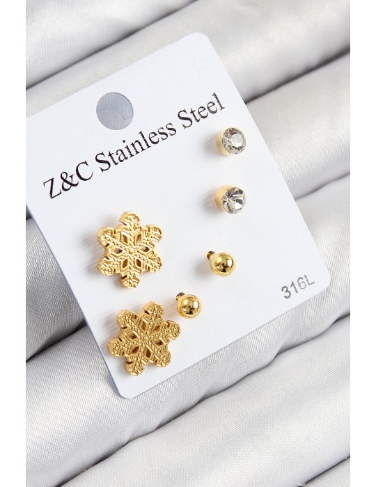316L Çelik Zirkon Taşlı Kar Tanesi Model Gold Renk Kadın Set Küpe - TJ-BKP11122