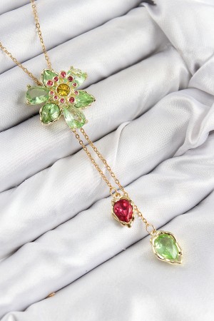 VIP Pirinç Zirkon Taşlı Çiçek Model Gold Renk Asansörlü Kadın Kolye - TJ-BKO10474