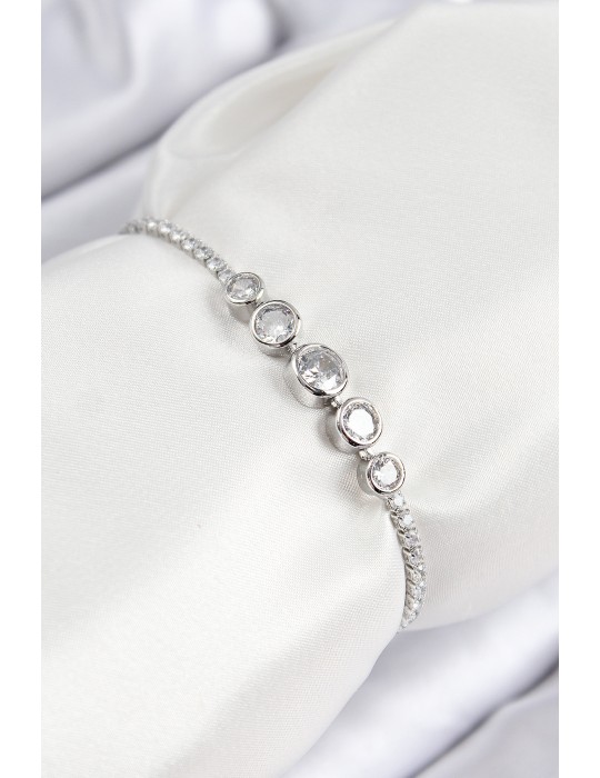 Pirinç Zirkon Taşlı Sıralı Daire Model Gümüş Renk Asansörlü Kadın Bileklik - TJ-BB7718