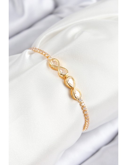 Pirinç Zirkon Taşlı Sonsuzluk Model Gold Renk Asansörlü Kadın Bileklik - TJ-BB7721