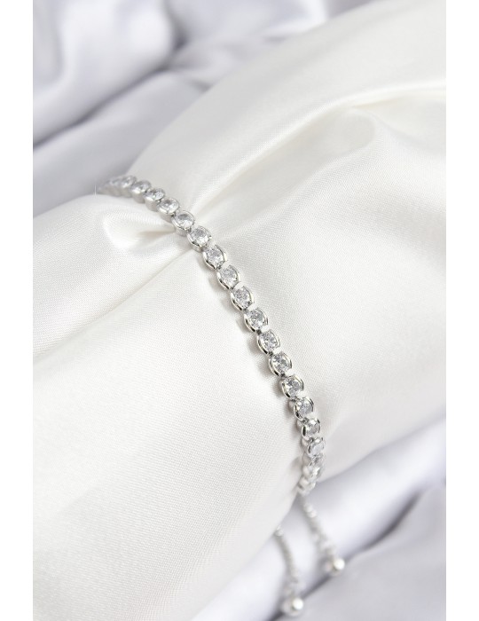 Pirinç Zirkon Taşlı Sıralı Model Gümüş Renk Asansörlü Kadın Bileklik - TJ-BB7726