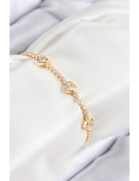 Pirinç Zirkon Taşlı Sıralı Kalp Model Gold Renk Kadın Bileklik - TJ-BB7729