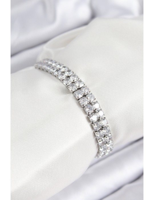 Pirinç Zirkon Taşlı Çift Sıra Kare Model Gümüş Renk Asansörlü Kadın Bileklik - TJ-BB7730