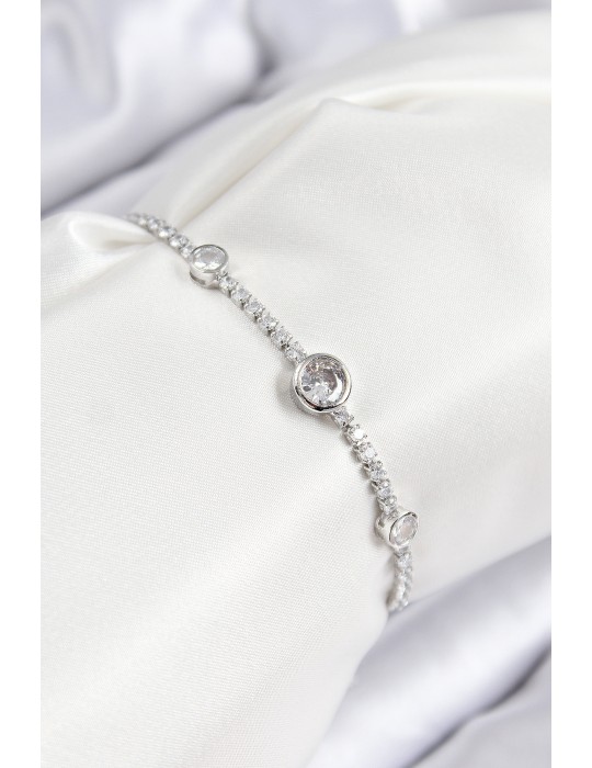 Pirinç Zirkon Taşlı Daire Model Gümüş Renk Asansörlü Kadın Bileklik - TJ-BB7732