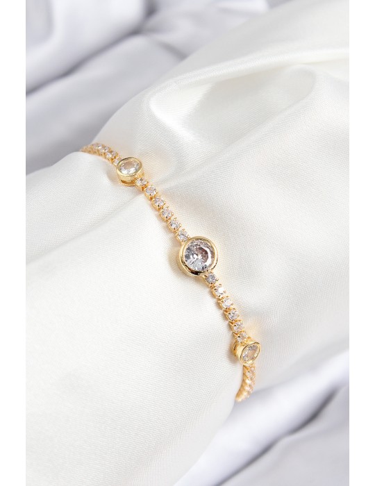 Pirinç Zirkon Taşlı Daire Model Gold Renk Asansörlü Kadın Bileklik - TJ-BB7733