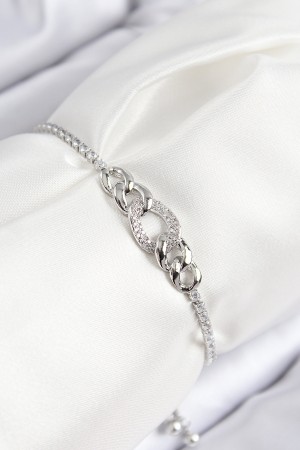 Pirinç Zirkon Taşlı Zincir Model Gümüş Renk Asansörlü Kadın Bileklik - TJ-BB7734